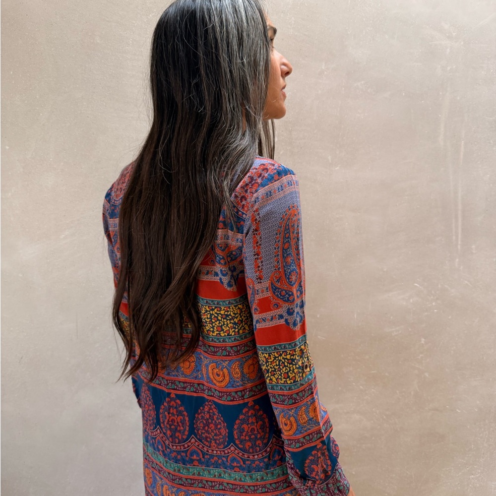 Maeve Multicolor Paisley Long-Sleeve Mini Dress - Red, Blue, Orange